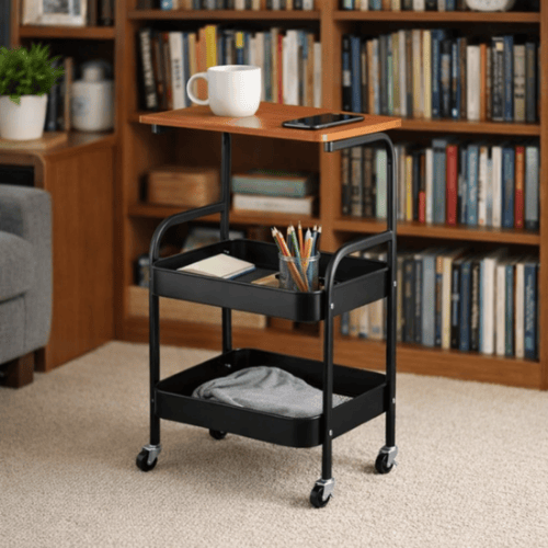 عربة رفوف متحركة بسطح خشبي من اكسترا لون أسود