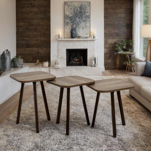 طقم طاولات خدمة خشب مدرج 3 قطع