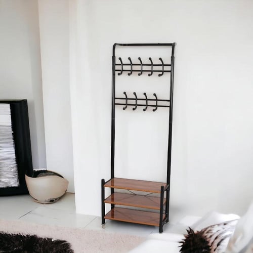 علاقة ملابس مع ثلاثة ارفف خشبية || اسود