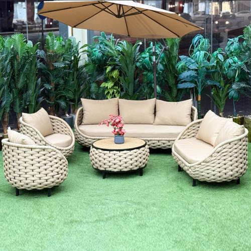 جلسة خارجية دائري حبل بيج قماش بيج 7 اشخاص