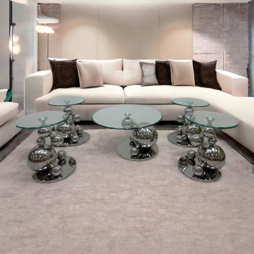 طقم طاولات قهوه استيل زجاج فضي -5 قطع