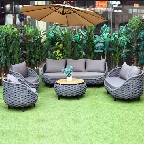 جلسة خارجية دائري حبل رصاصي قماش رصاصي 7 اشخاص