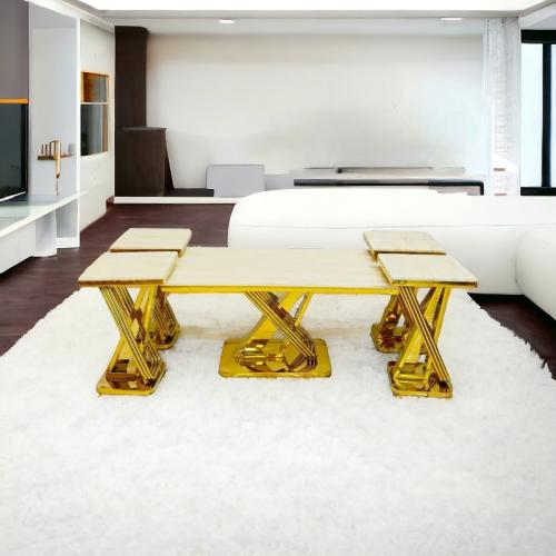 طقم طاولات خدمة استيل رخام 5 قطع - ذهبي