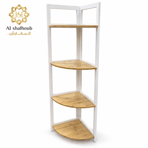 رف زاوية معدني أبيض مع أرفف خشبية – تصميم عصري بأر...