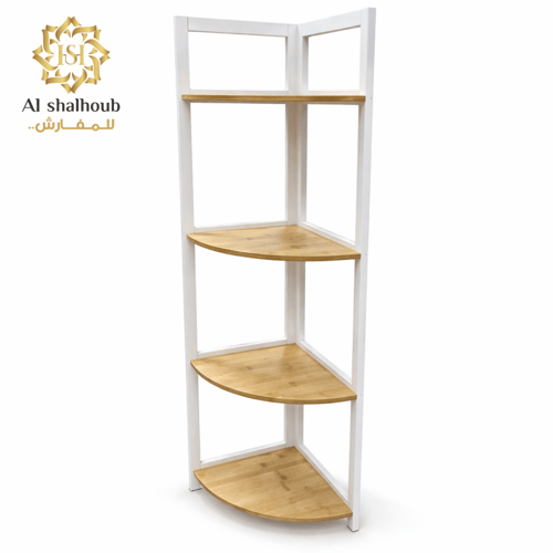 رف زاوية معدني أبيض مع أرفف خشبية – تصميم عصري بأر...