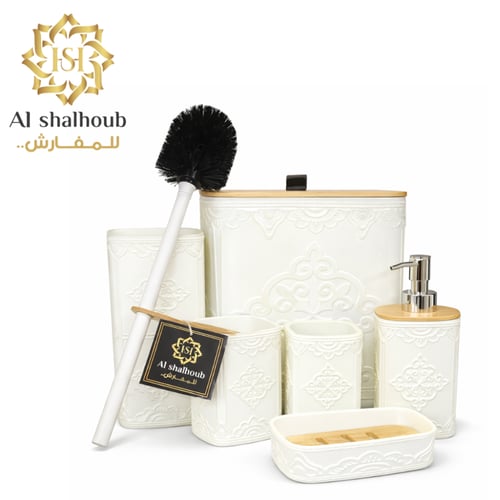 طقم حمام بلاستيك ابيض*خشبي6ق-KE27599 - قطعة
