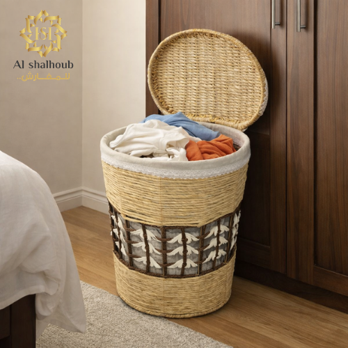 سلة غسيل خوص طبيعية بغطاء ونافذة شبكية بثلات مقاسا...