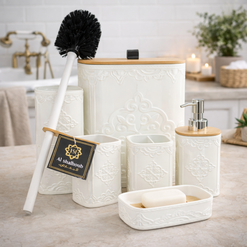 طقم حمام بلاستيك ابيض*خشبي6ق-KE27599 - قطعة