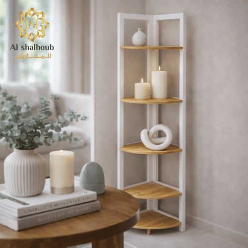رف زاوية معدني أبيض مع أرفف خشبية – تصميم عصري بأر...