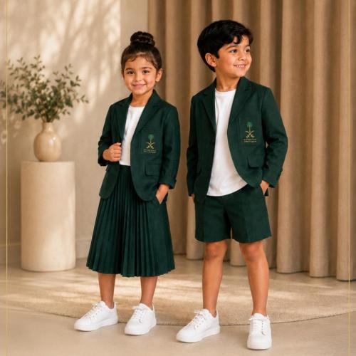طقم أطفال أخضر بتصميم اليوم الوطني السعودي – جاكيت بليزر وتنورة / شورت