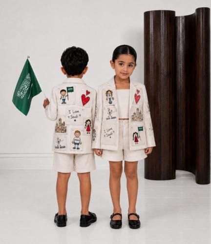 طقم أطفال صنع في السعودية جاكيت كتان + شورت لليوم الوطني