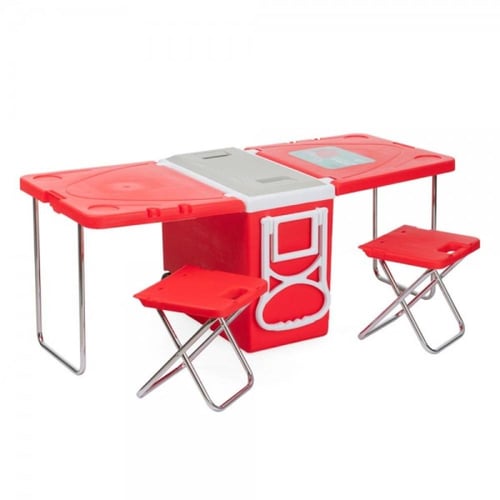 ثلاجة متحولة 4في1 مع طاولة سفر وكراسي وعجلات