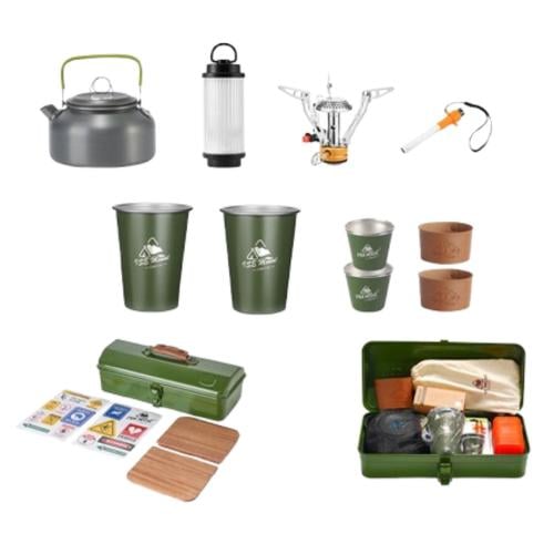 صندوق رحلات مع ابريق شاي وموقد غاز للرحلات ومصباح...