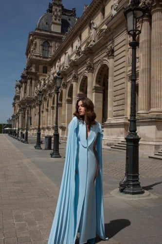 Long Blue Crepe Dress with Pleated Sleeves