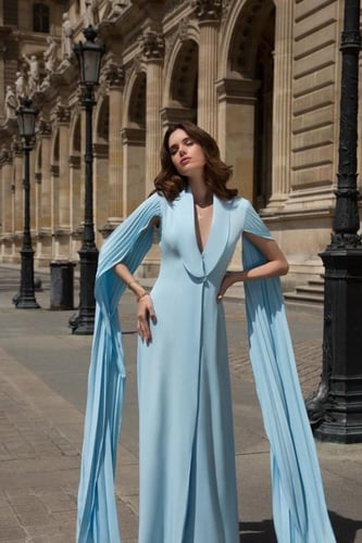 Long Blue Crepe Dress with Pleated Sleeves