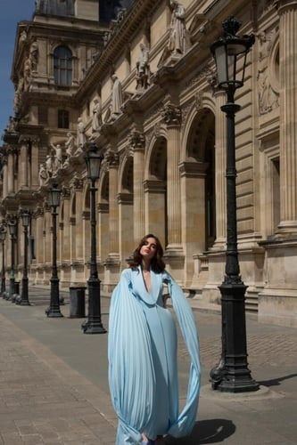 Long Blue Crepe Dress with Pleated Sleeves