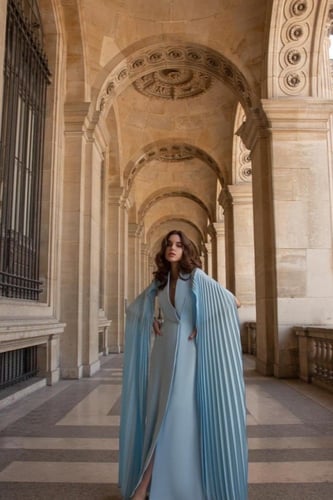 Long Blue Crepe Dress with Pleated Sleeves