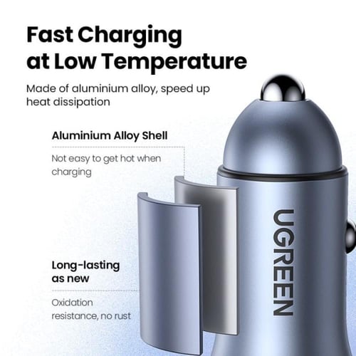 شاحن سيارة يوجرين بمنفذ USB ومنفذ PD بقوة 30 واط