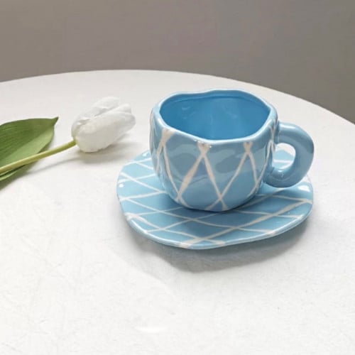 كوب يدوي ازرق مع صحن بسعة 285 مل