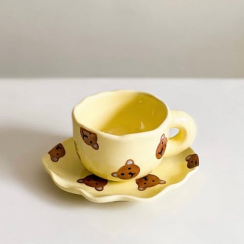 كوب يدوي على شكل دب مع صحن بسعة 185 مل