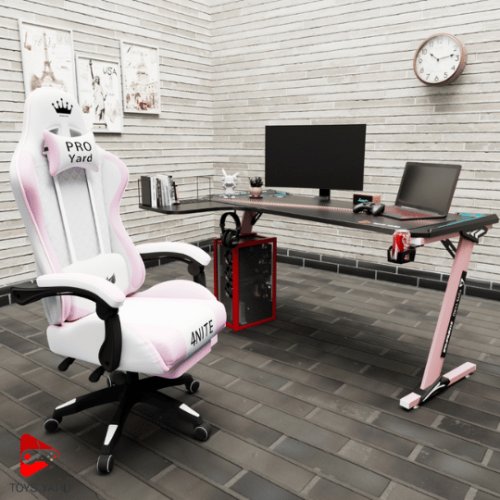 كرسي العاب قيم وردي بأبيض مع طاولة العاب زاوية لون...