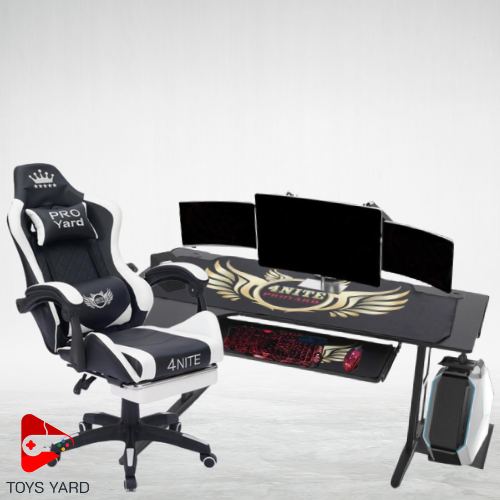 كرسي العاب قيمنق أبيض مع طاولة العاب قيم ذهبي