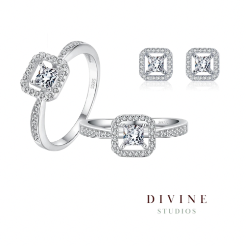 square shaped silver 925 ring & earrings set