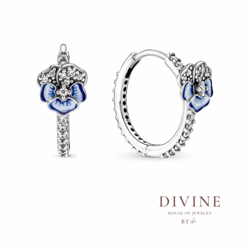 Blue Pansy Flower Hoop Silver 925 Earrings