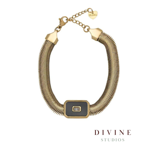 Black square stone gold plated steel bracelet