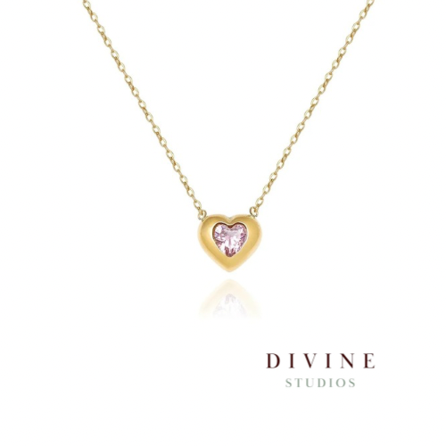 heart shaped pink stone stainless steel golden nec...