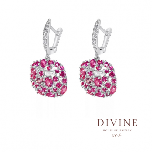 Rose stone long silver earring