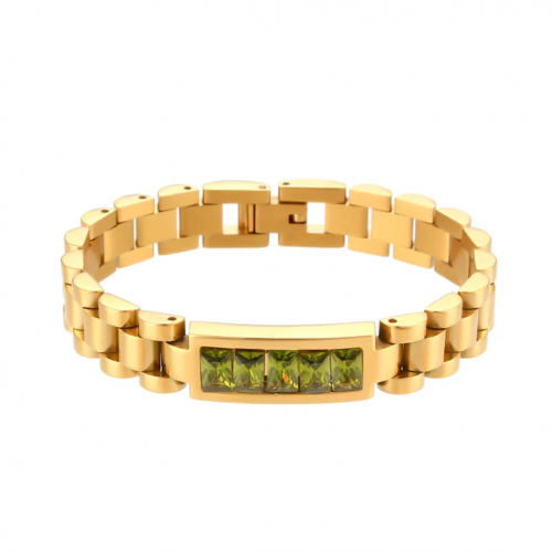 Watchbandgold plated stainless steel green stone b...