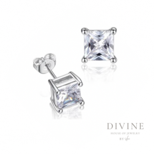 حلق مطلي فضة بحجر مربع