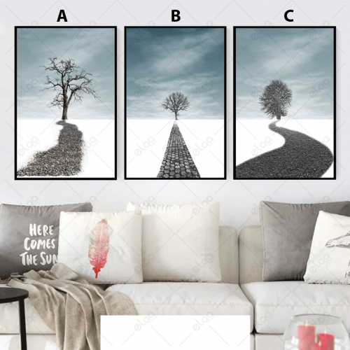 لوحات فن تجريدي شجرة و طريق باللون الاسود