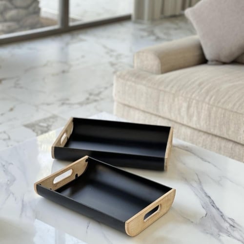 صينية تقديم معدن بمسكة خشب