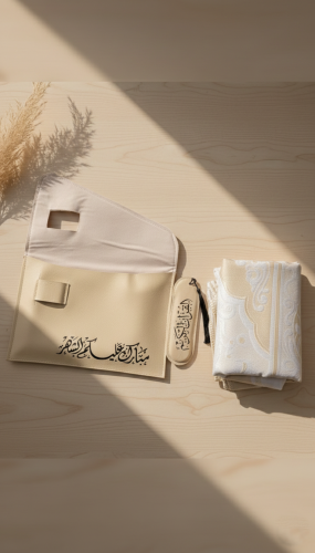 حقيبة جلد بداخلها سجادة صلاة مع فاصل للقرآن جلد