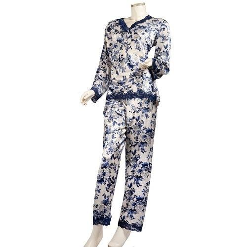 Silk satin pajamas with long sleeves decorated wit...