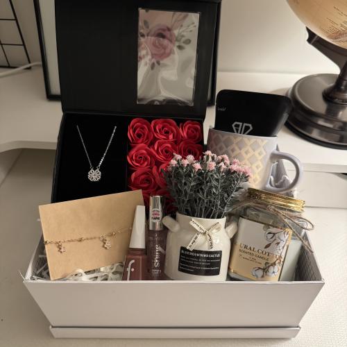 هدية تحتوي على: بوكس ورد احمر مع قلادة، نبتة صناعي...
