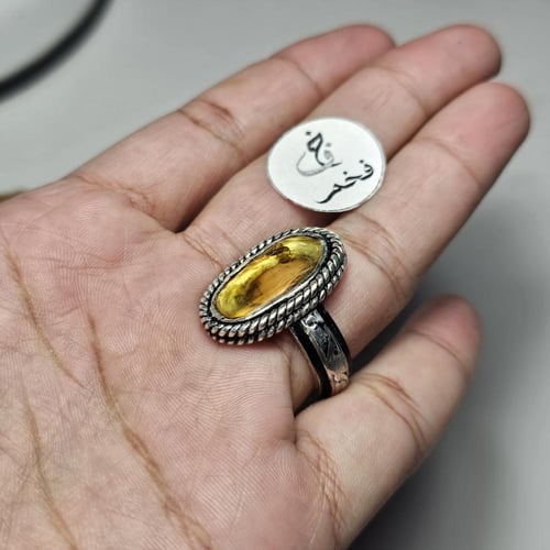 خاتم فضه تصميم فخم حجر كهرمان حشري طبيعي نادر داخل...