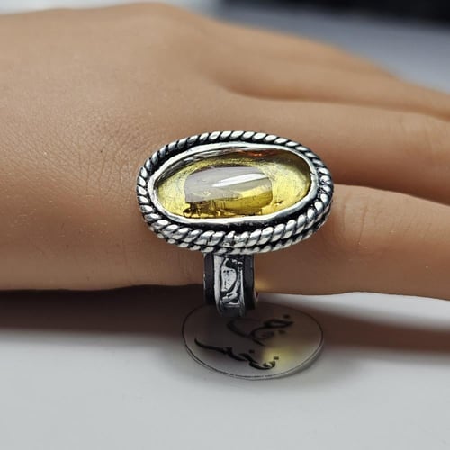 خاتم فضه تصميم فخم حجر كهرمان حشري طبيعي نادر داخل...