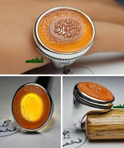 خاتم فضه عيار 999 فاخر حجر عقيق يماني طبيعي منقوش...
