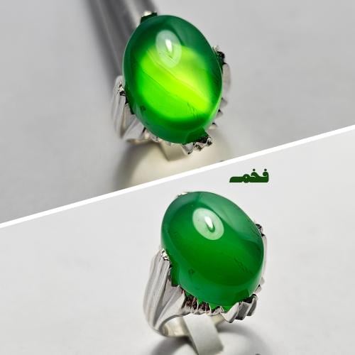 خاتم فضه فخم حجر عقيق اخضر تفاحي يمني طبيعي نادر