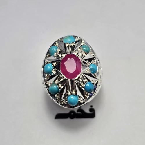 خاتم فضه تصميم فخم مرصع احجار فيروز نيشابوري طبيعي...