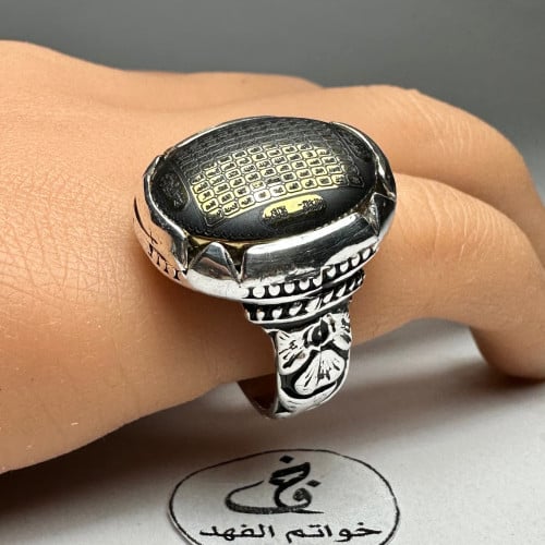 خاتم فضه فخم نقش يدوي بحجر هيماتيت حديد صيني منقوش...