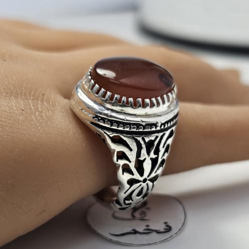 خاتم فضه فخم حجر عقيق يمني طبيعي لون مميز
