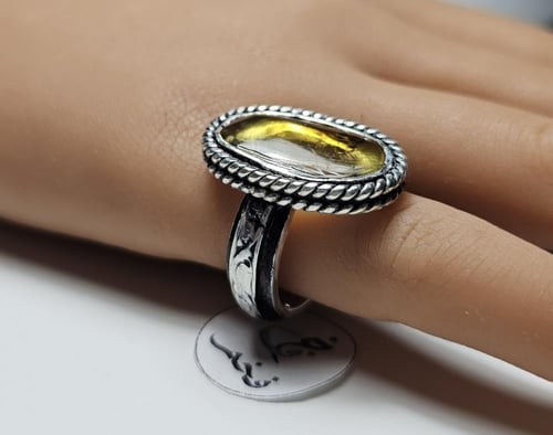 خاتم فضه تصميم فخم حجر كهرمان حشري طبيعي نادر داخل...