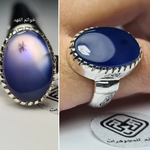 خاتم فضه ملكي فتخه بحجر عقيق يمني طبيعي أزرق داخله...