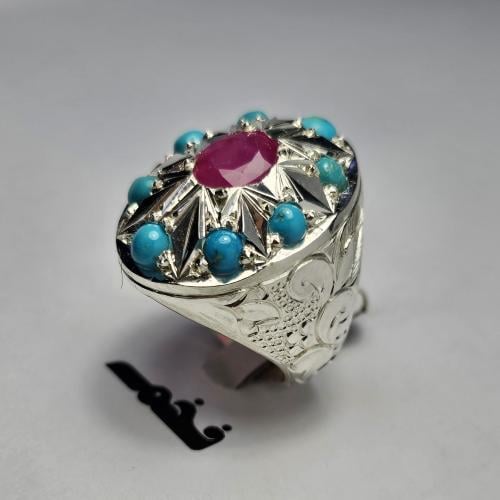 خاتم فضه تصميم فخم مرصع احجار فيروز نيشابوري طبيعي...