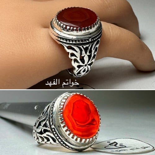 خاتم فضه فاخر شغل ونقش يدوي بحجر عقيق احمر مزعفر ي...