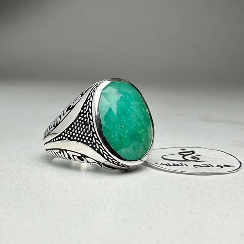 خاتم فضه فخم بحجر زمرد افريقي طبيعي فاخر